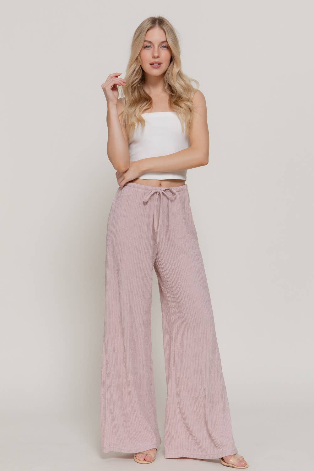 Waistband with String Crinkle Knit Long Pants