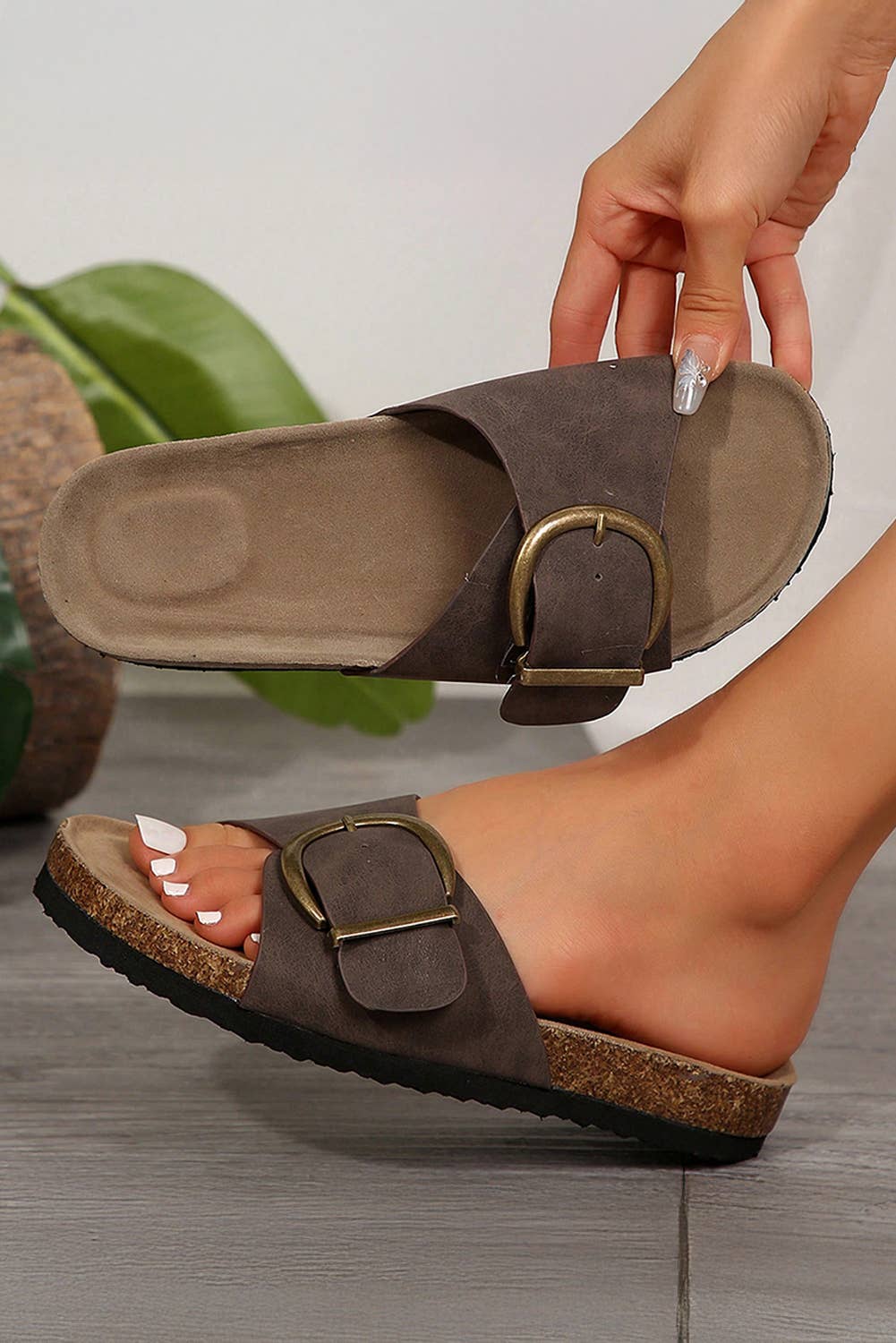 Buckle Decor Faux Suede Thick Sole Slippers | US6-10
