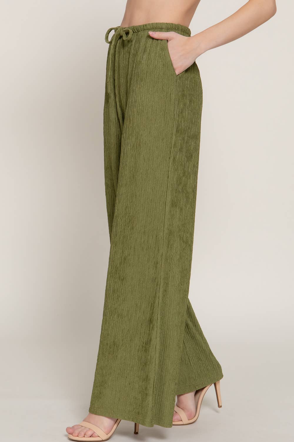Waistband with String Crinkle Knit Long Pants