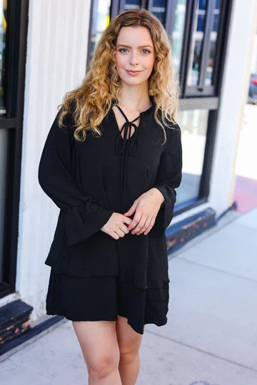 Black Layered Skirt Tie Front Dress