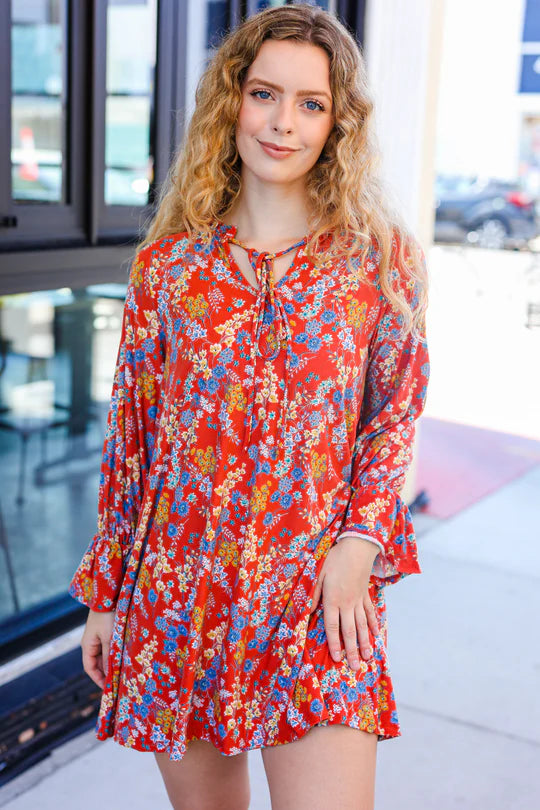 Rust Floral Tie Front Dress