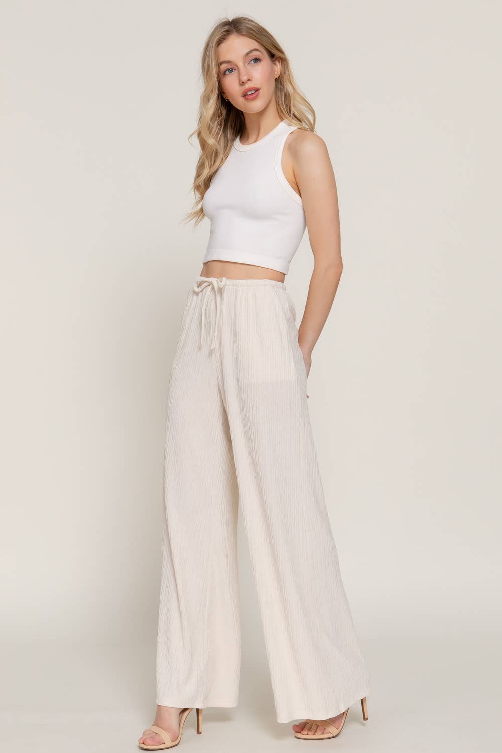 Waistband with String Crinkle Knit Long Pants