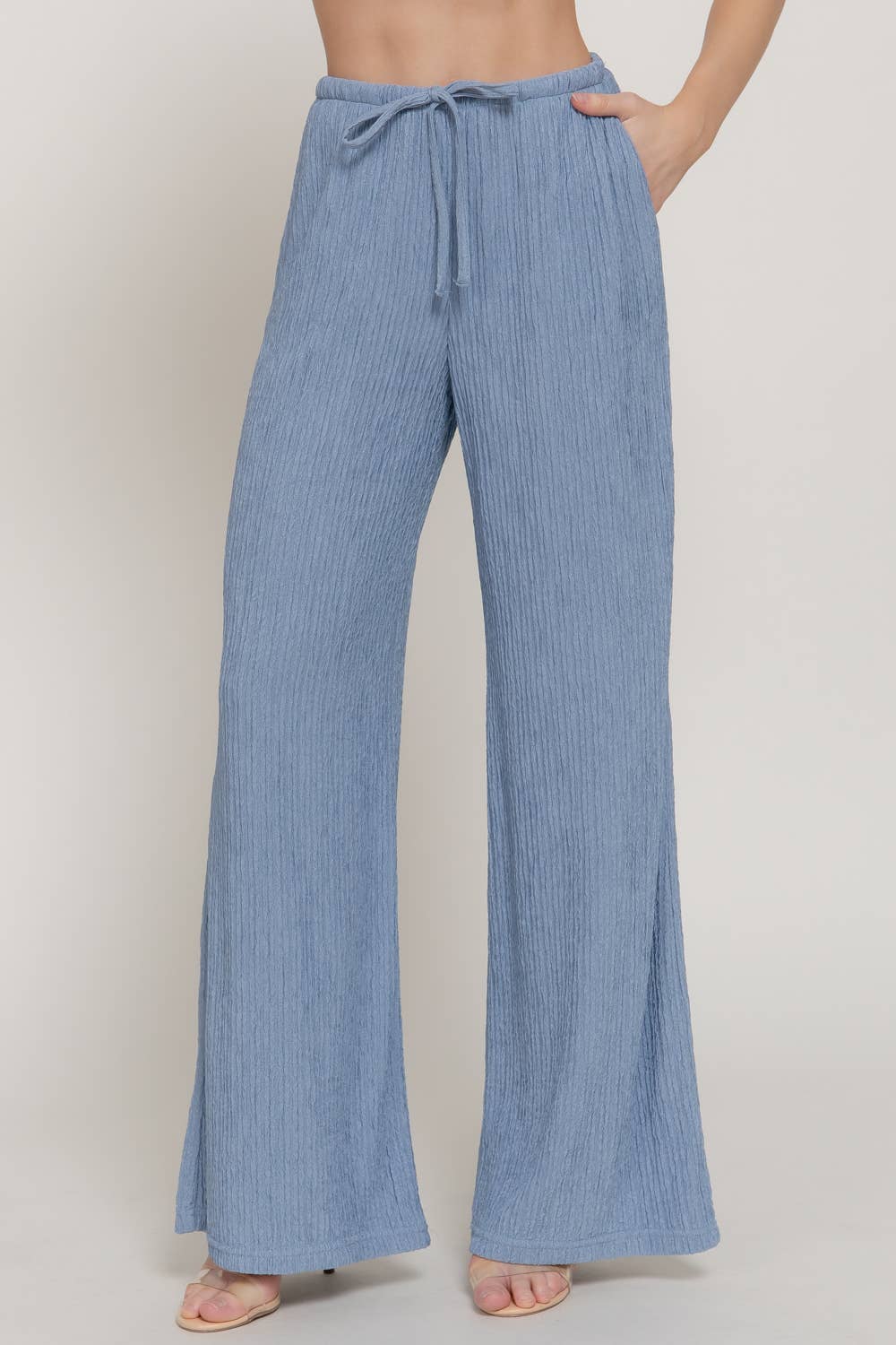 Waistband with String Crinkle Knit Long Pants