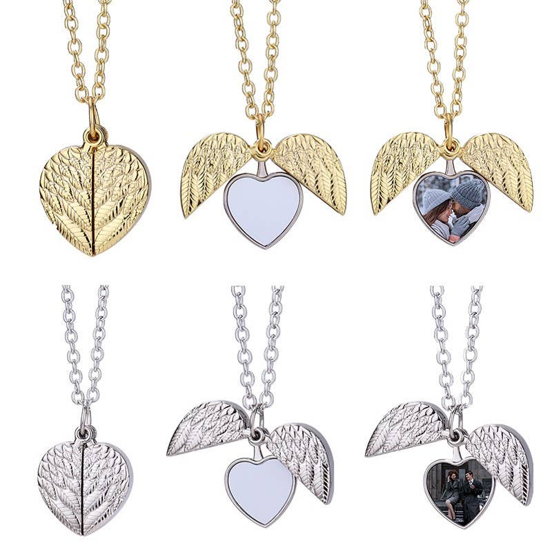 Angel Wings Heart Photo Locket Necklace Memorial Keepsake