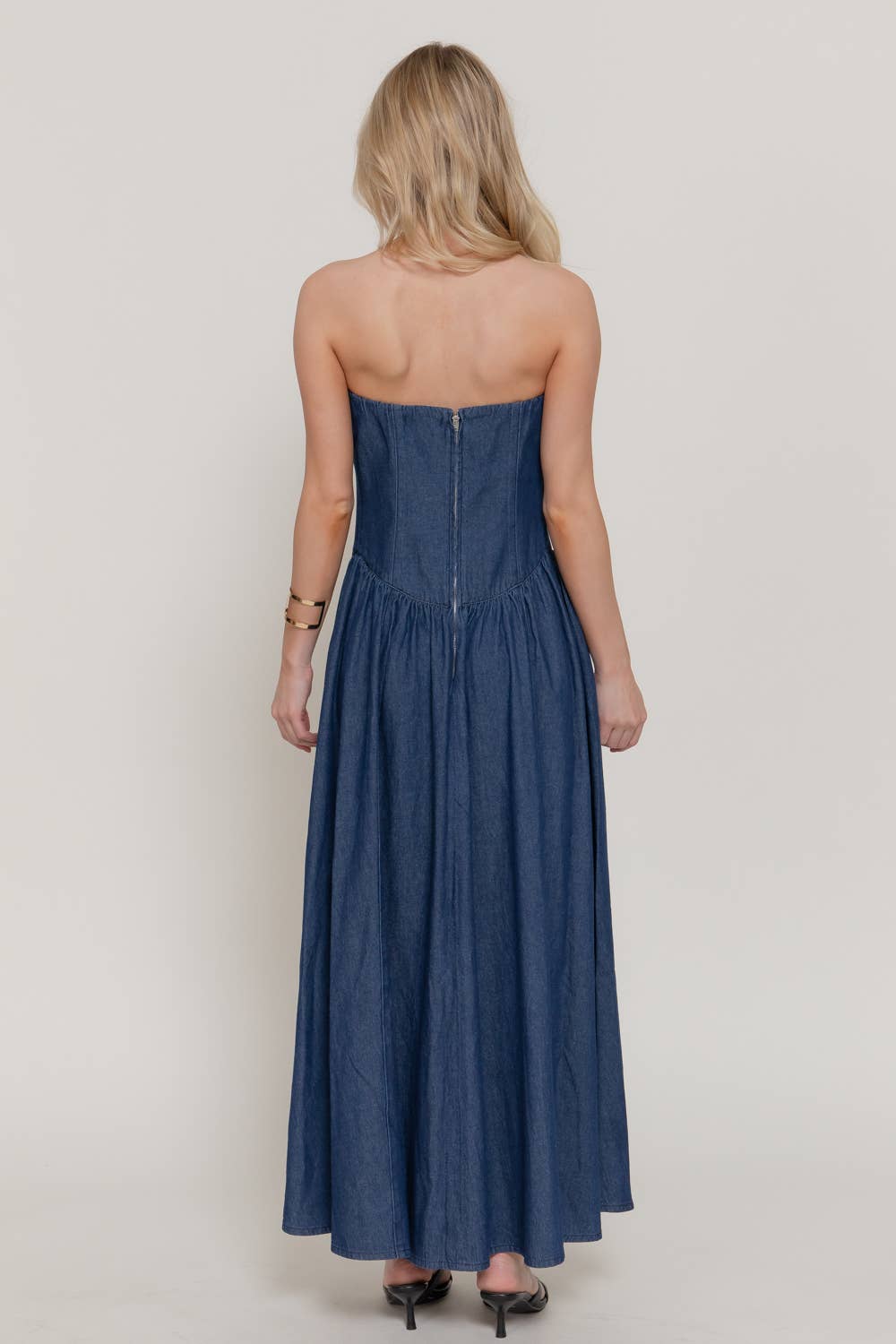 Straight Neckline Back Zipper Closure Denim Tube Midi Dress