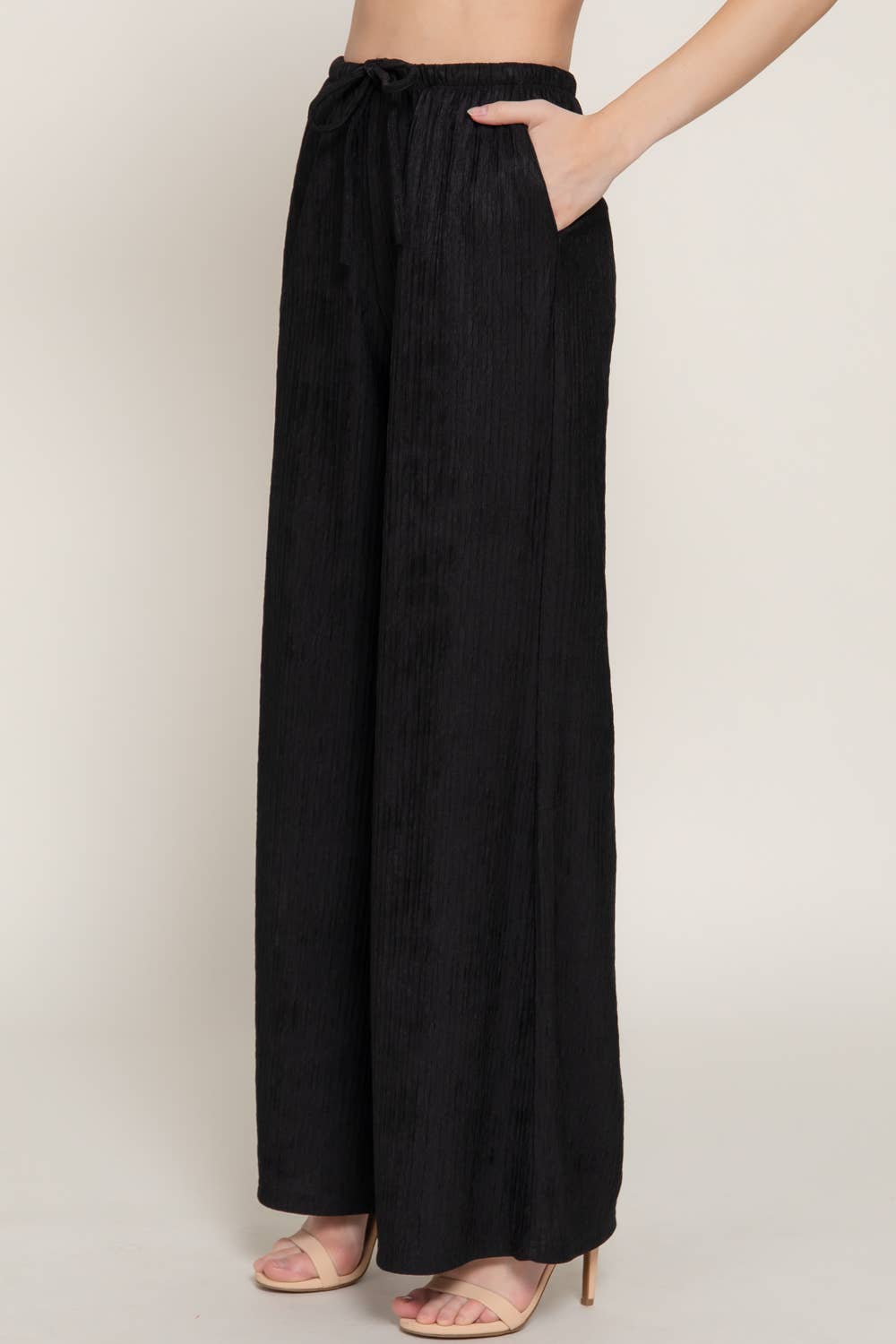 Waistband with String Crinkle Knit Long Pants