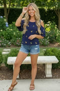 Navy Pineapple Print Cold Shoulder Ruffle Sleeve Top