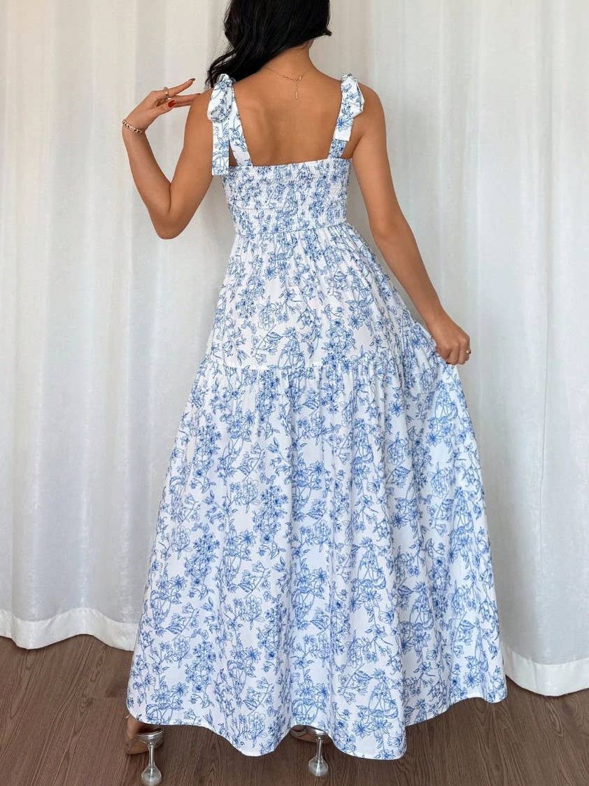 French Romance Bow Strap Floral Smocked Tiered Dress