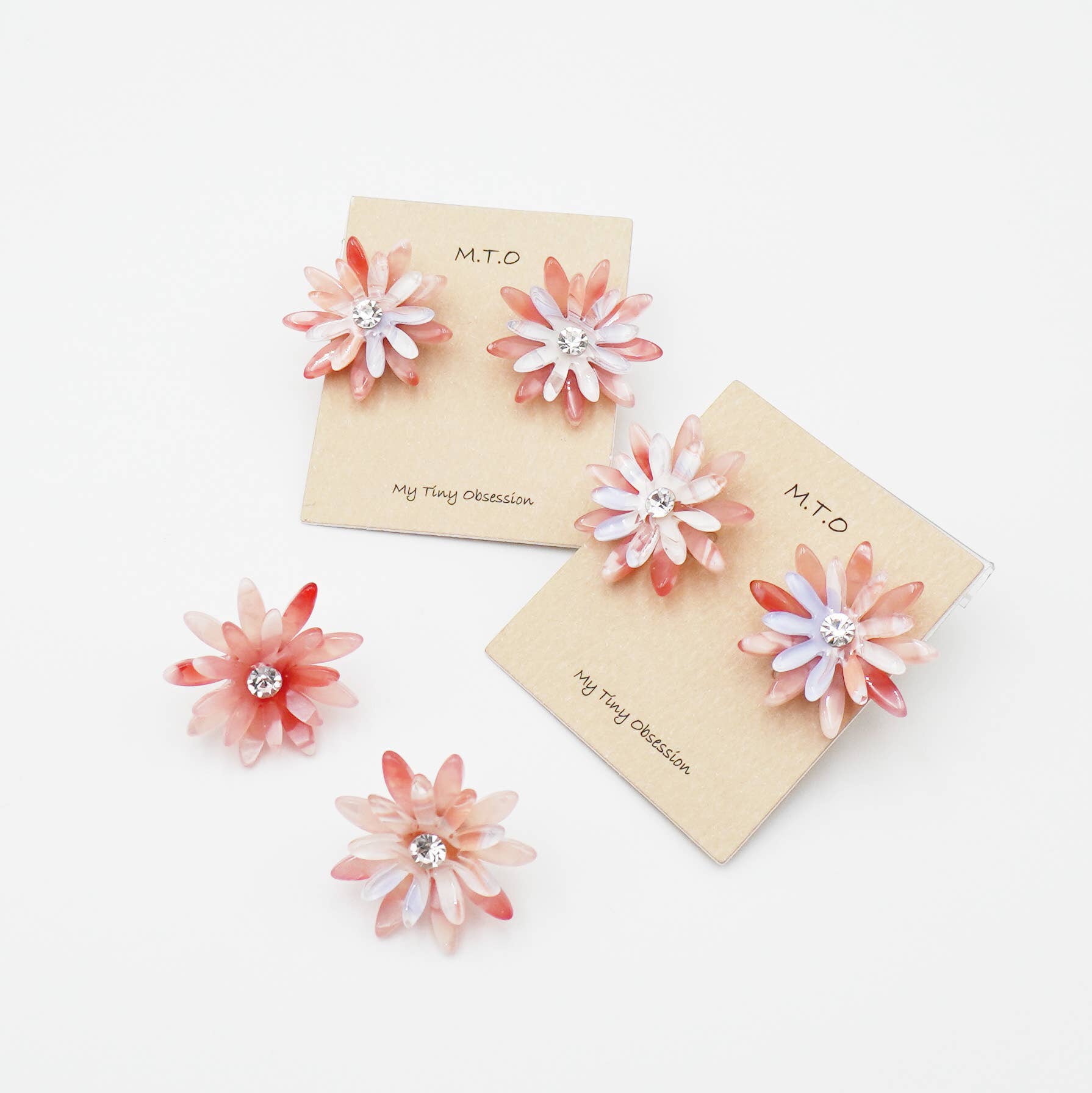 Resin Floral Statement Stud Earrings with Crystal Glass