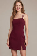 DOUBLE STRAP WOVEN MINI DRESS WITH SIDE SLIT AND STRAPY BACK DETAIL