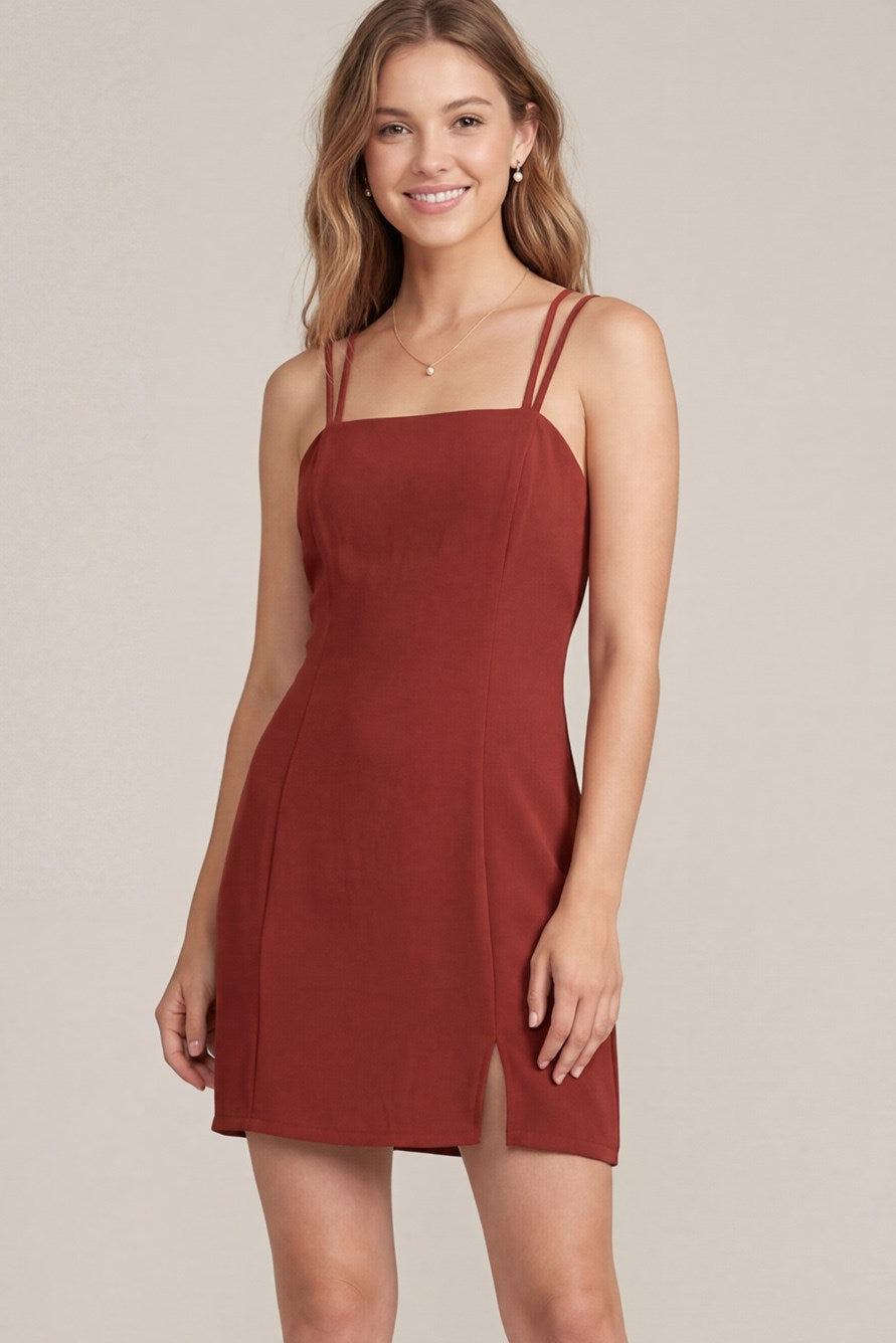 DOUBLE STRAP WOVEN MINI DRESS WITH SIDE SLIT AND STRAPY BACK DETAIL
