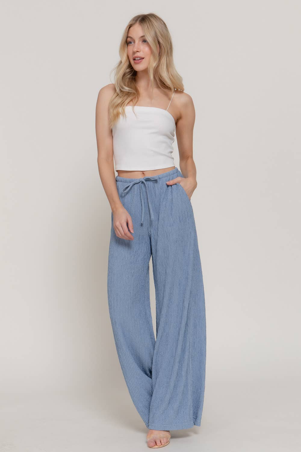 Waistband with String Crinkle Knit Long Pants