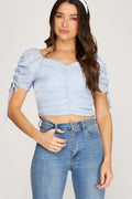 SHORT RUCHED SLEEVE CENTER FRONT SHIRRED WOVEN TOP WITH SIDE ZIPPER