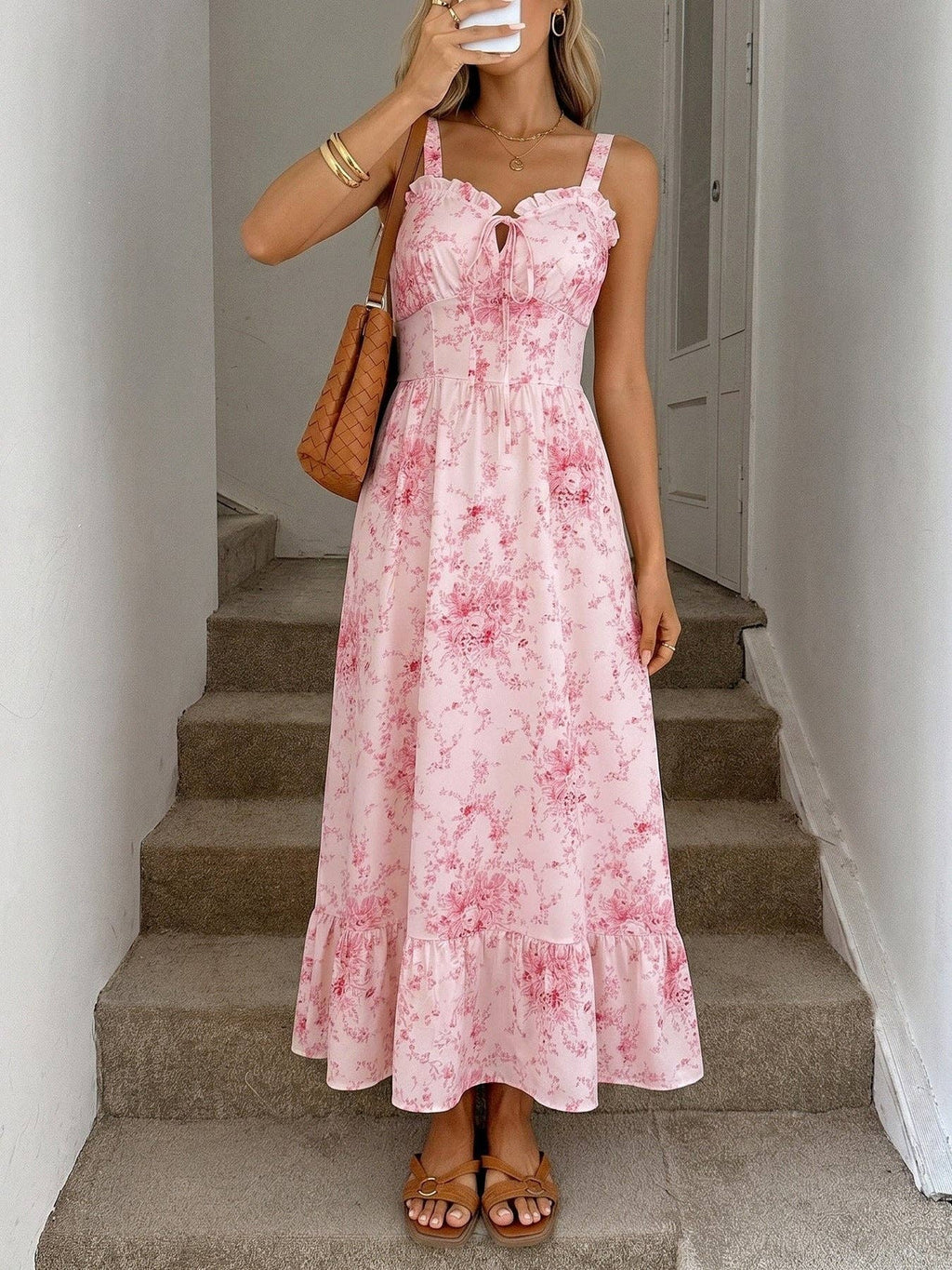 Pink Floral Square Neck Sleeveless Summer Long Dress Elegant Fit