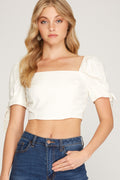 TIED SHORT PLEATED SLEEVE LINEN WOVEN SQUARE NECK CROP TOP