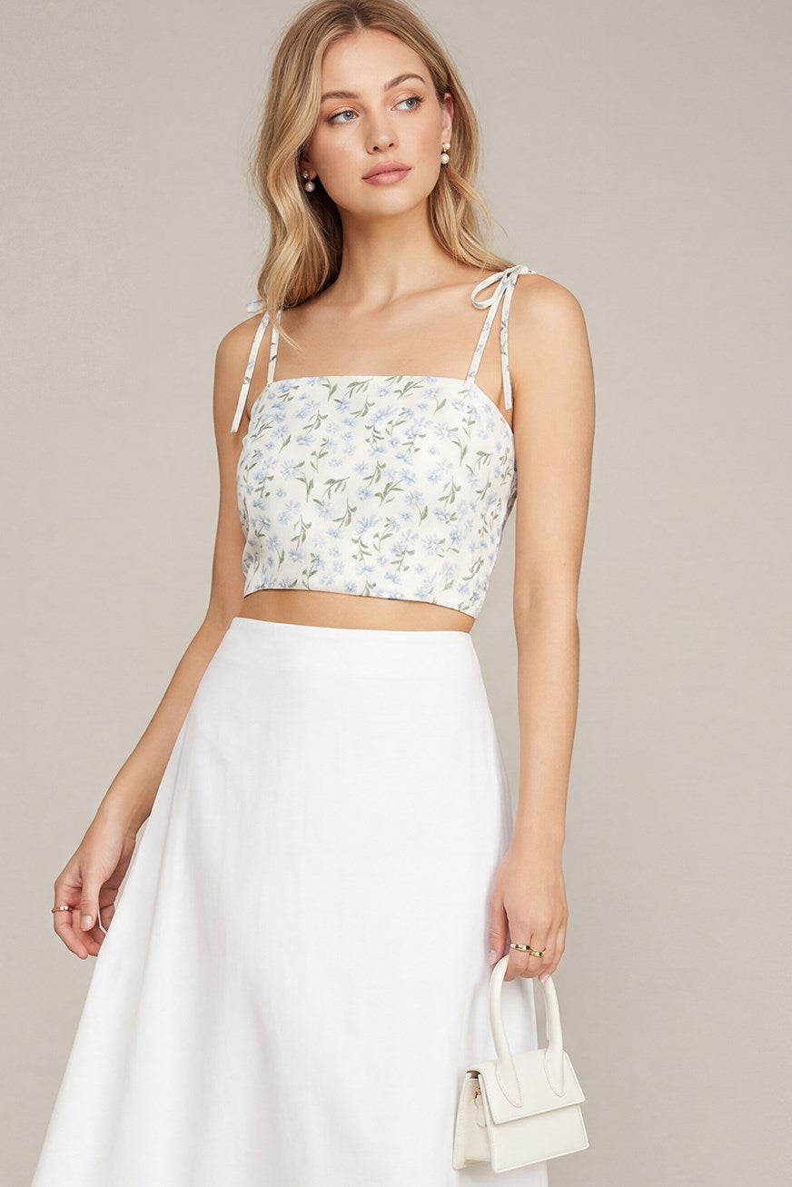 TIED SHOULDER STRAP WOVEN PRINT CAMI TOP