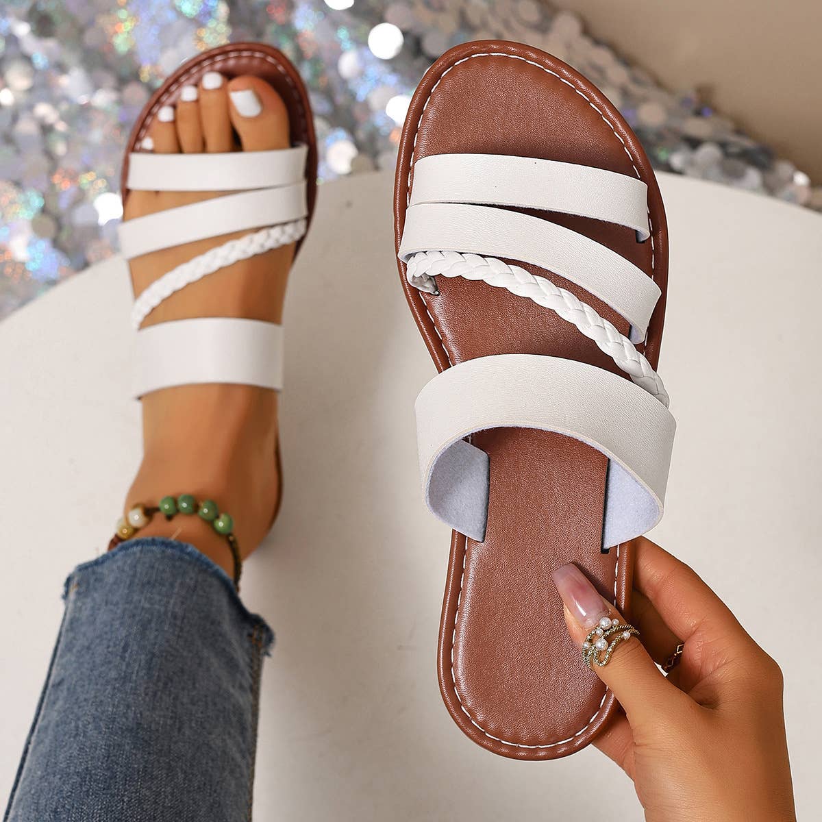 Women Braided Strap Flat Slide Sandals Casual Summer