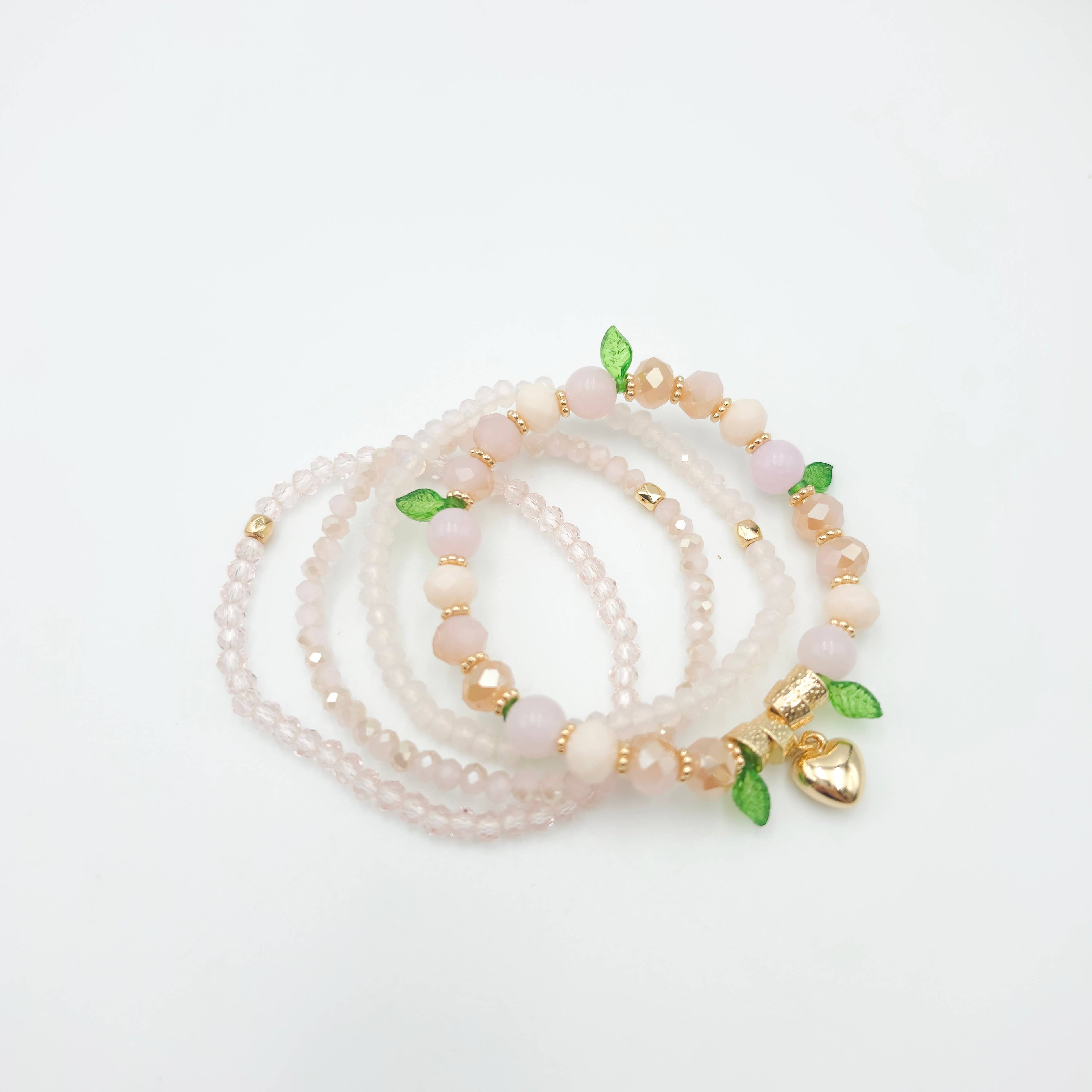 Blush Beaded Bracelet Set with Leaf and Heart Charm