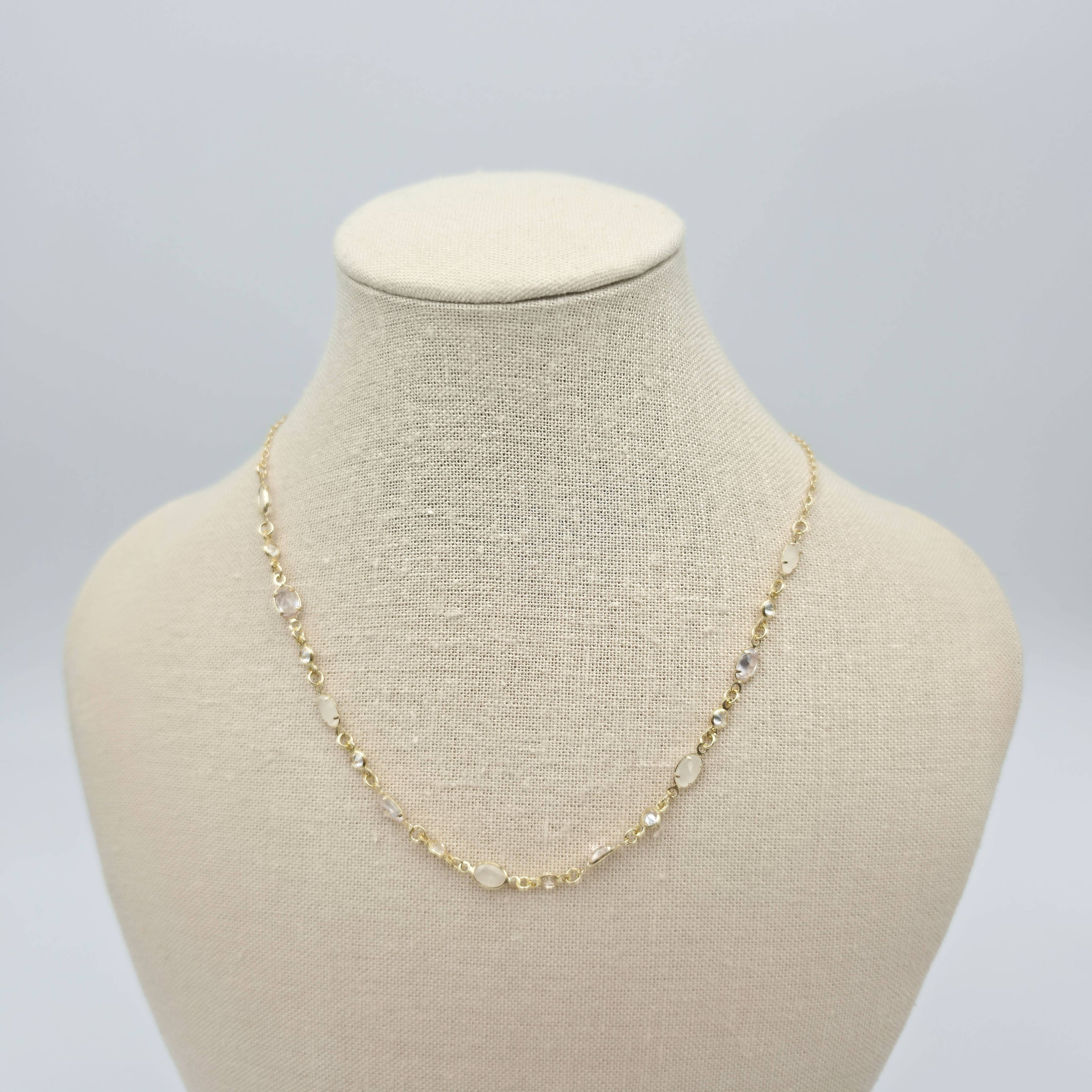 Gold Bezel Cubic Zirconia Cat Eye Chain Necklace