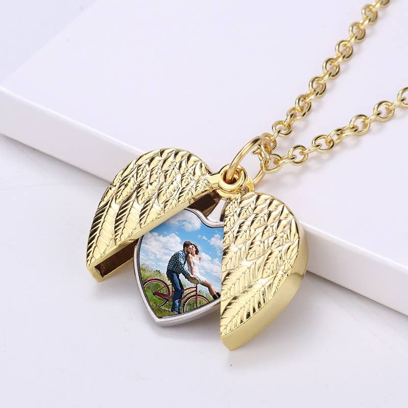 Angel Wings Heart Photo Locket Necklace Memorial Keepsake