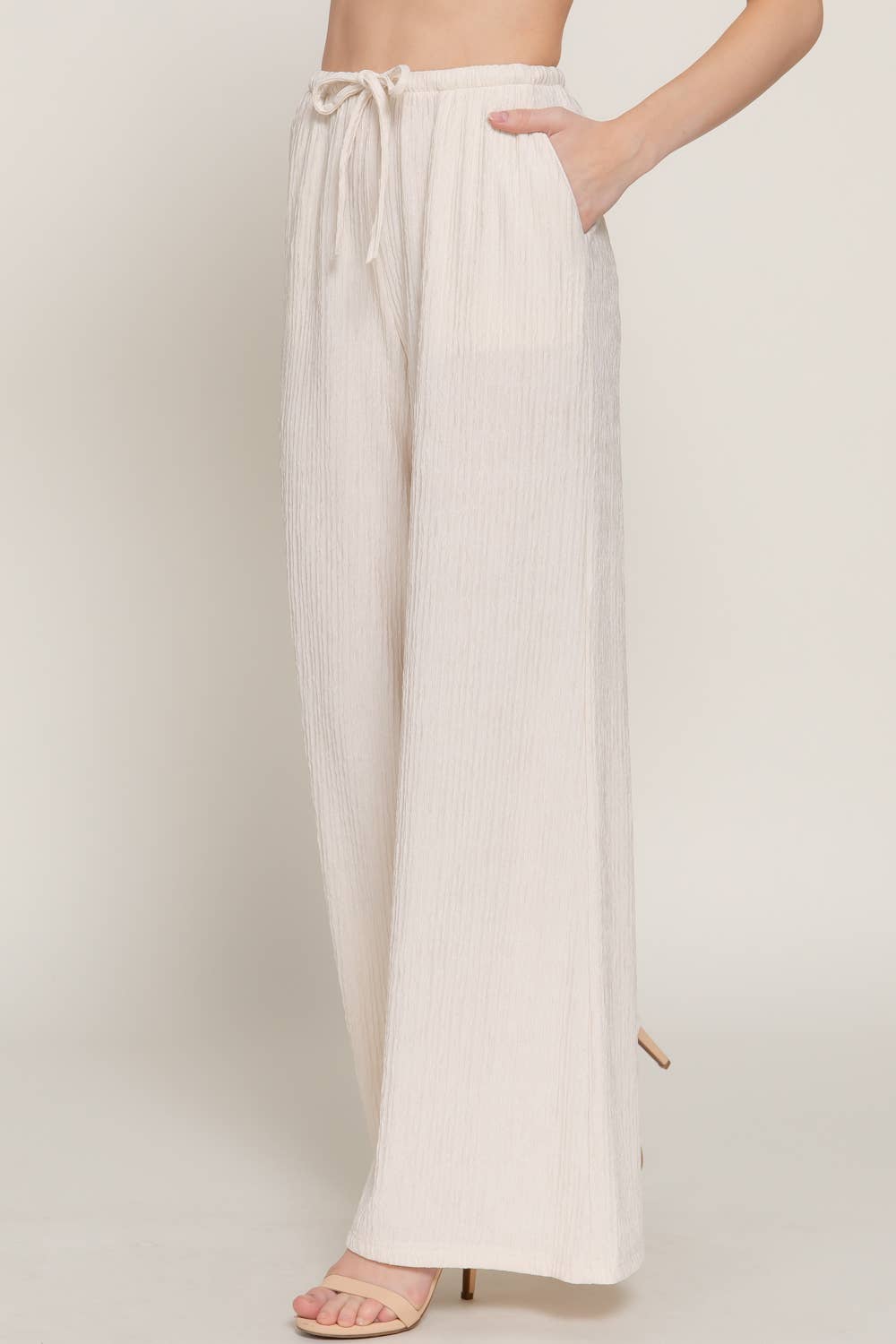 Waistband with String Crinkle Knit Long Pants