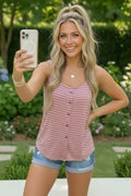 Plus Striped Button Front Sleeveless Tank Top