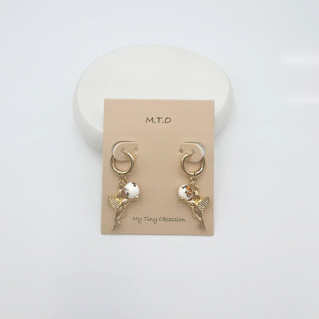 Gold Hummingbird Charm Hoop Earrings