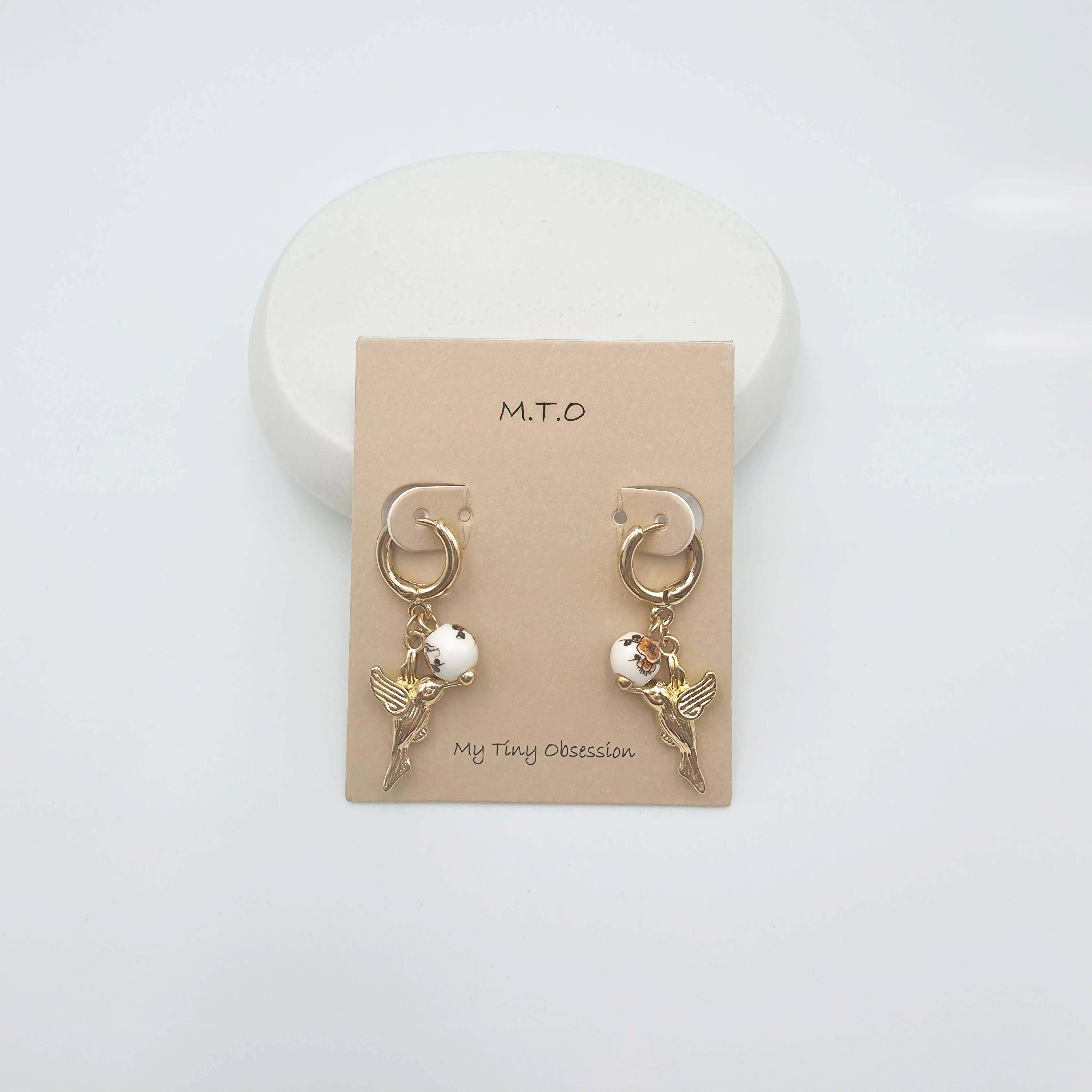 Gold Hummingbird Charm Hoop Earrings