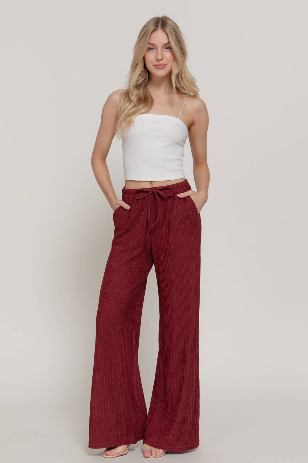 Waistband with String Crinkle Knit Long Pants