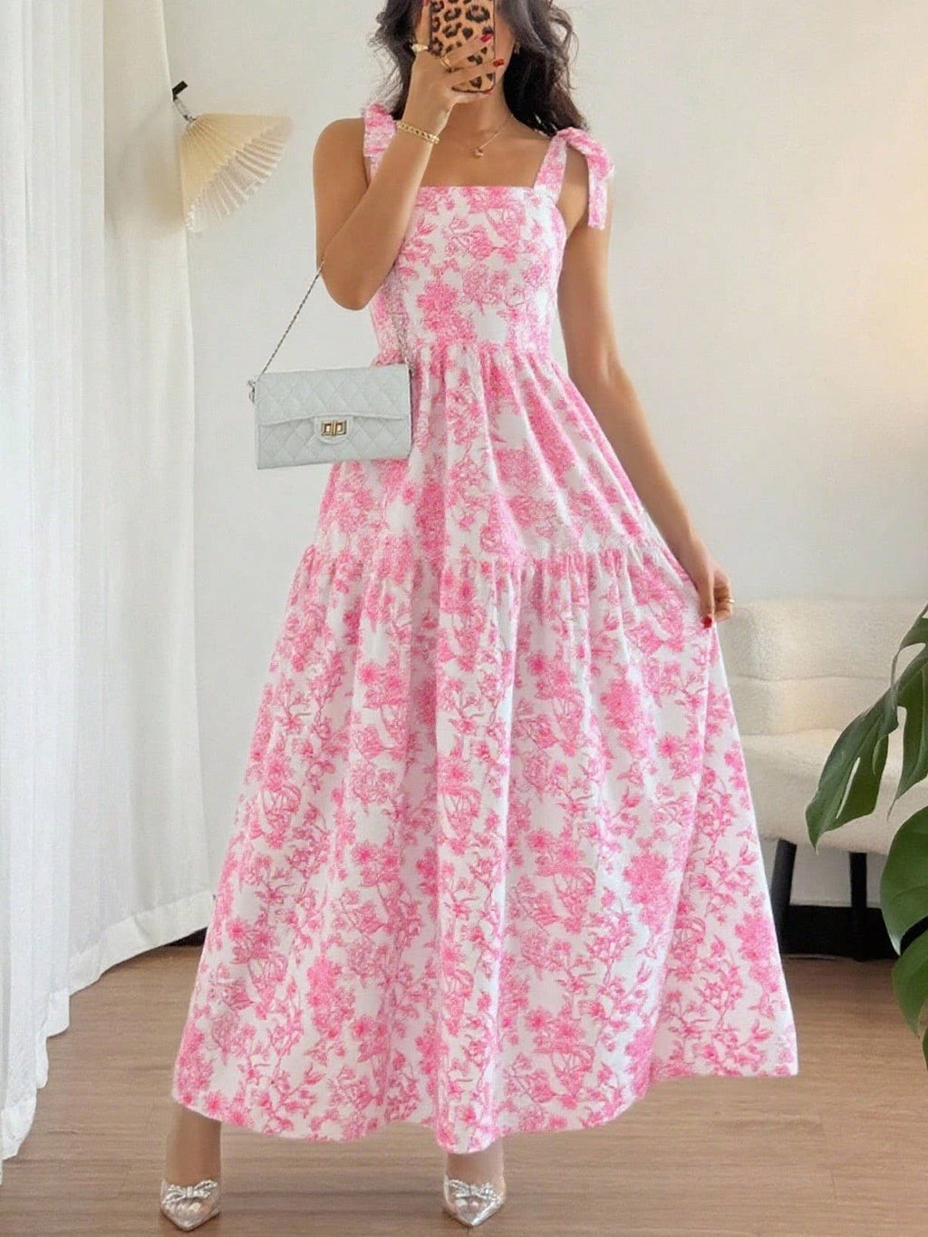 French Romance Bow Strap Floral Smocked Tiered Dress