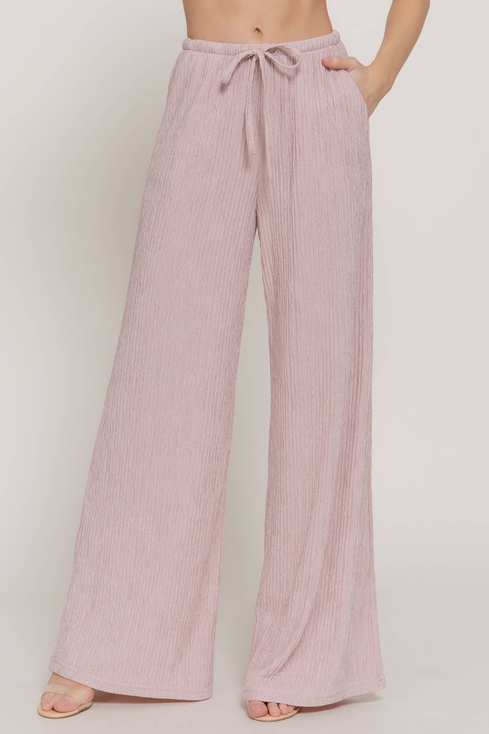 Waistband with String Crinkle Knit Long Pants