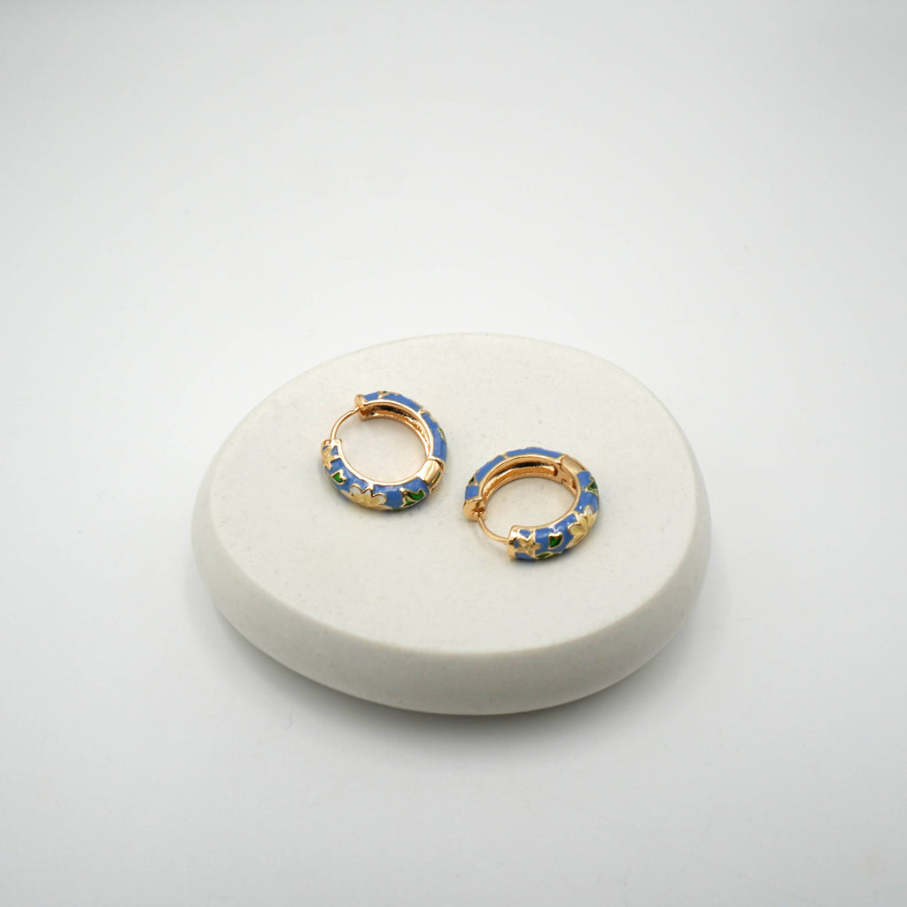Blue Floral Enamel Huggie Hoop Earrings