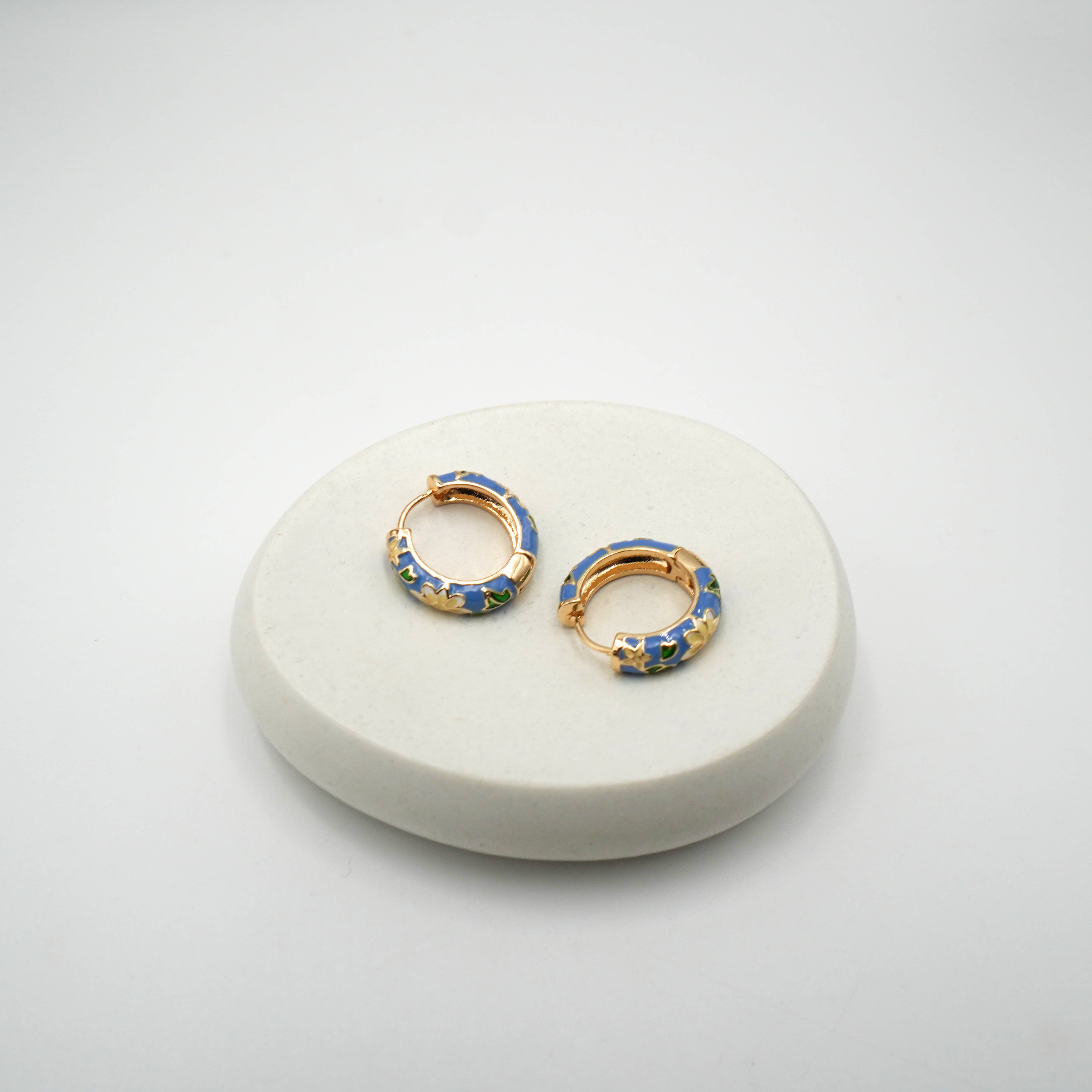 Blue Floral Enamel Huggie Hoop Earrings