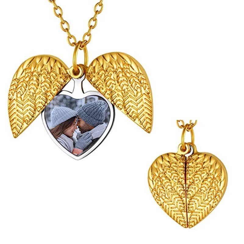 Angel Wings Heart Photo Locket Necklace Memorial Keepsake