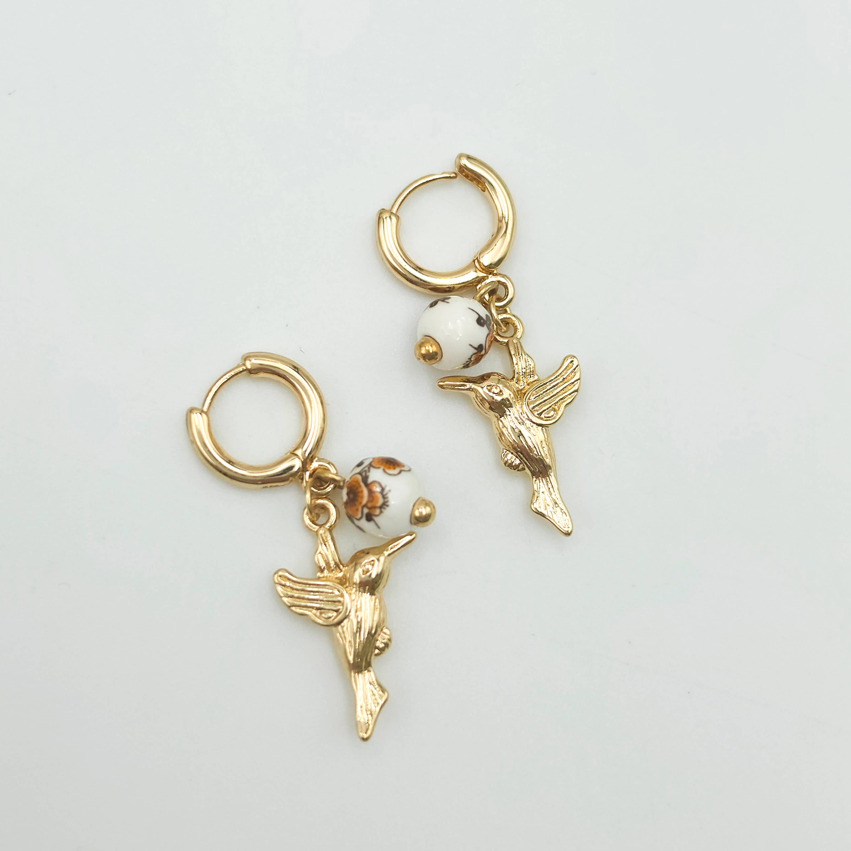 Gold Hummingbird Charm Hoop Earrings