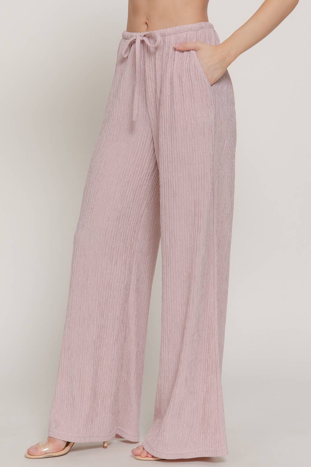 Waistband with String Crinkle Knit Long Pants
