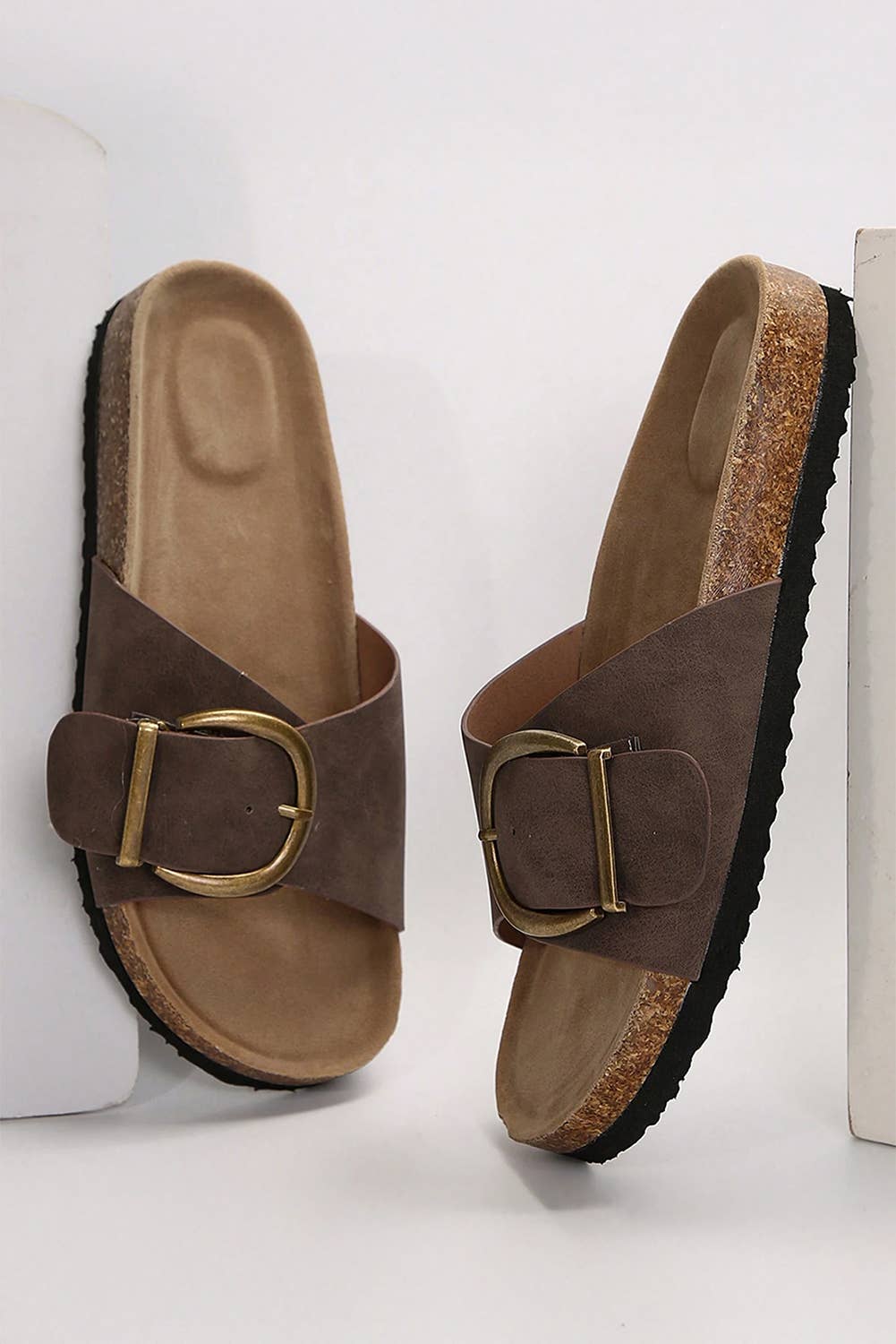 Buckle Decor Faux Suede Thick Sole Slippers | US6-10