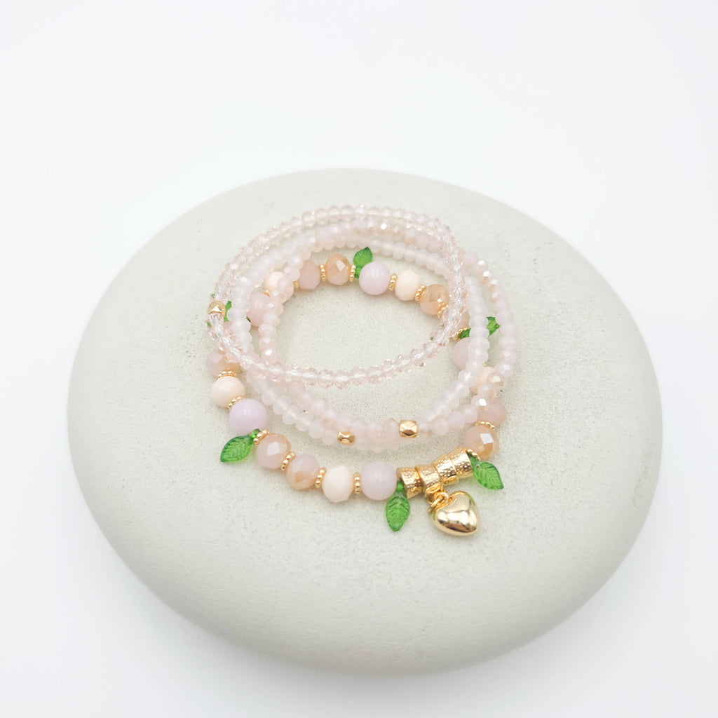 Blush Beaded Bracelet Set with Leaf and Heart Charm