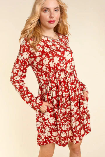 FLORAL BABYDOLL KNIT DRESS WITH SIDE POCKET