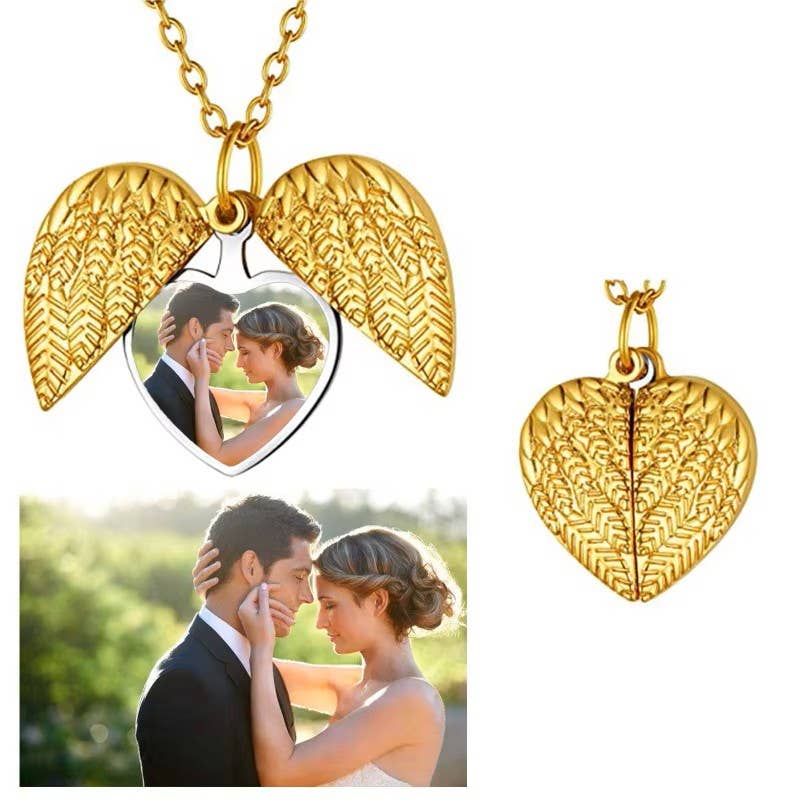 Angel Wings Heart Photo Locket Necklace Memorial Keepsake