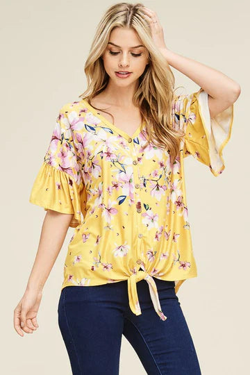 Ivory Ruffle Sleeve Floral Short Sleeve Top