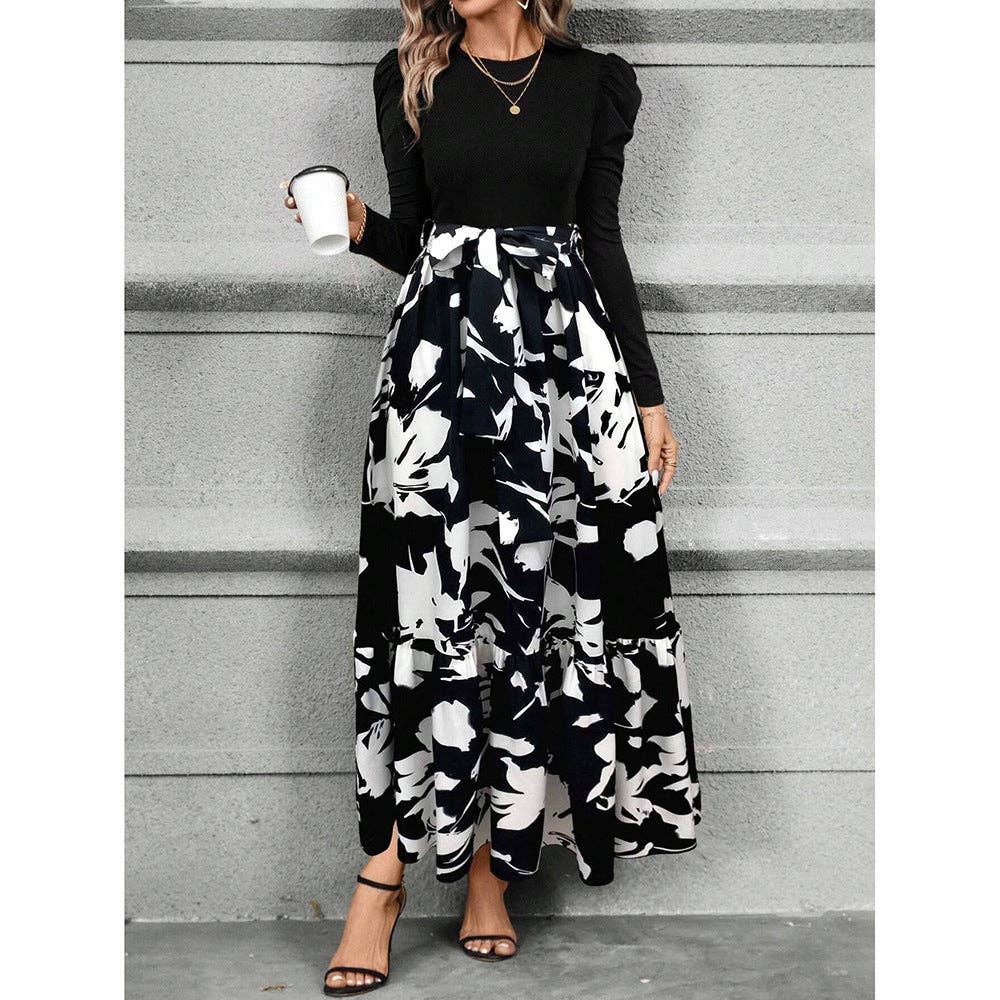 Floral Print Long Sleeve Dress with Belted Waist
