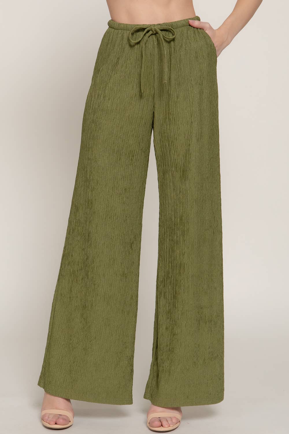 Waistband with String Crinkle Knit Long Pants