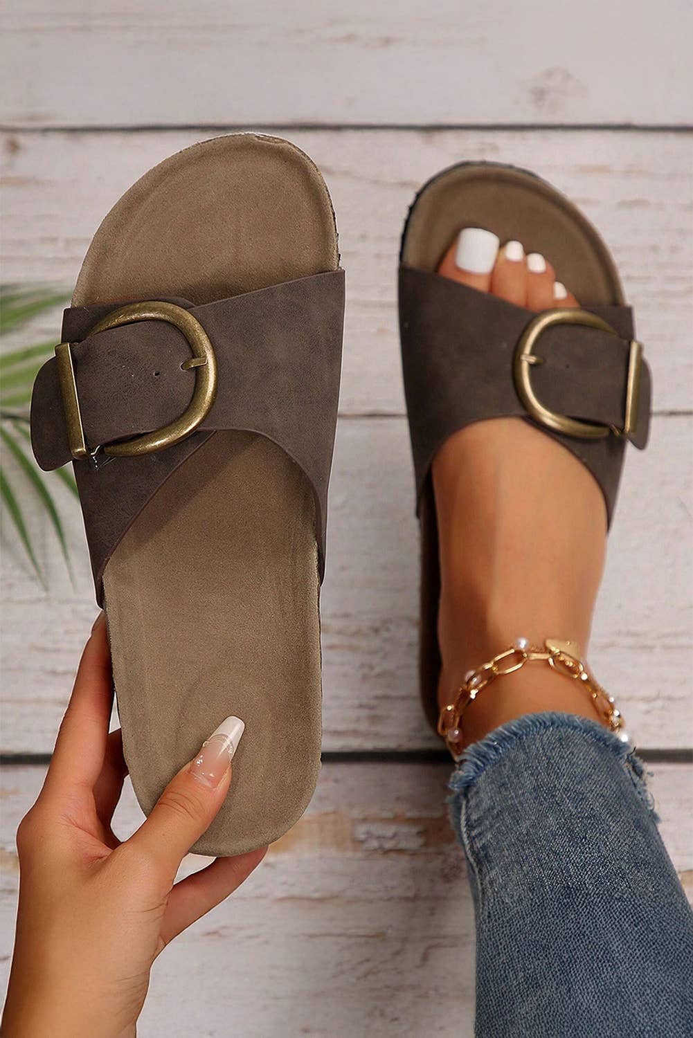 Buckle Decor Faux Suede Thick Sole Slippers | US6-10