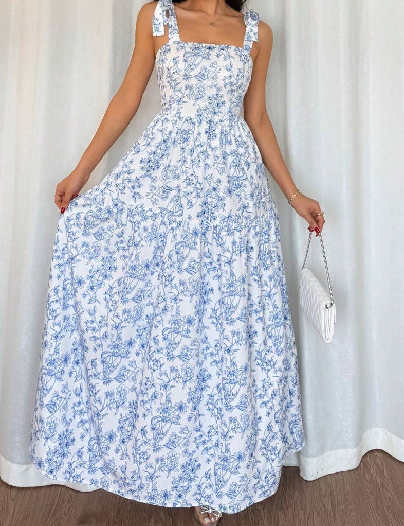 French Romance Bow Strap Floral Smocked Tiered Dress