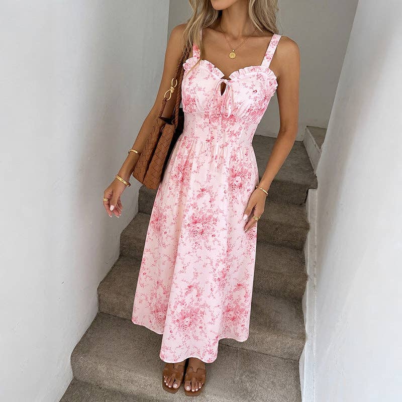 Pink Floral Square Neck Sleeveless Summer Long Dress Elegant Fit
