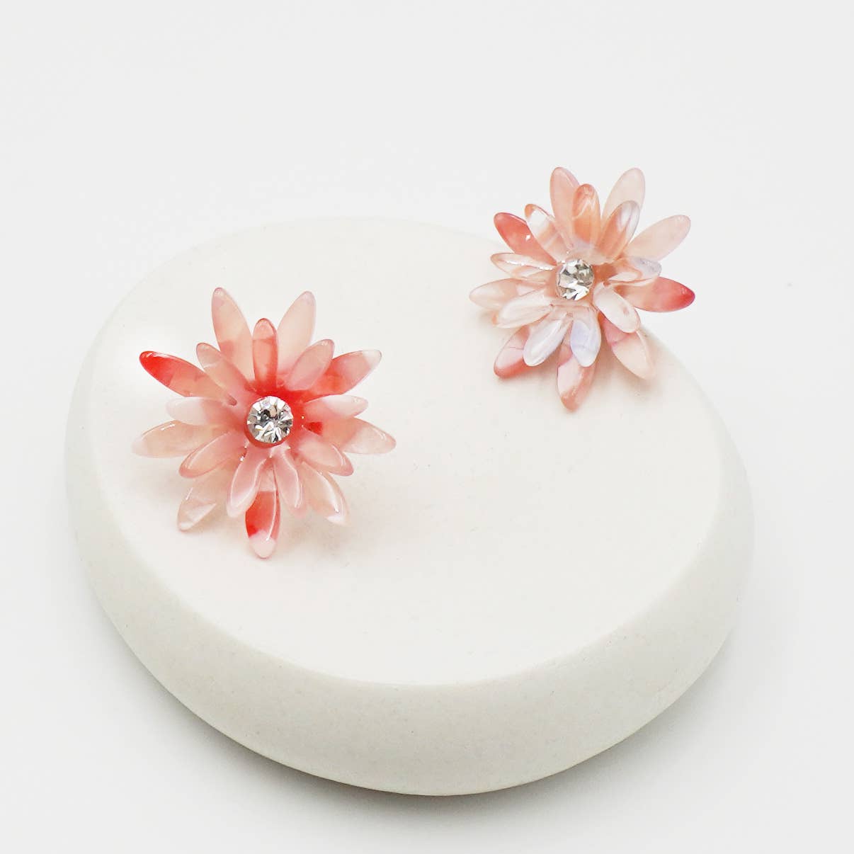 Resin Floral Statement Stud Earrings with Crystal Glass