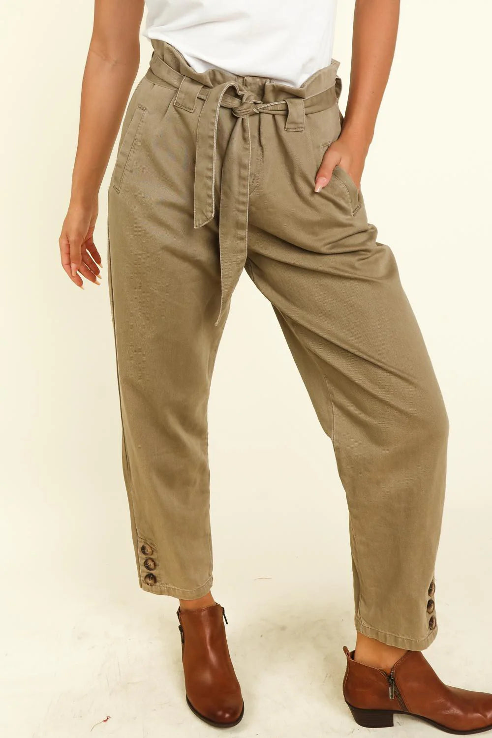 PAPER BACK BELTED HIGH WAIST PANTS