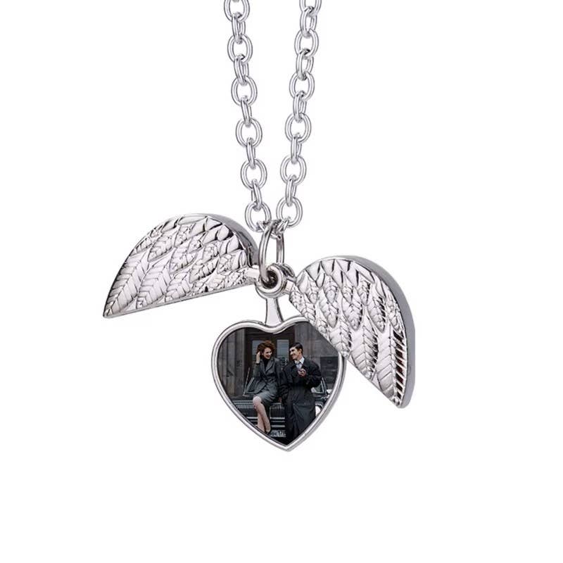 Angel Wings Heart Photo Locket Necklace Memorial Keepsake