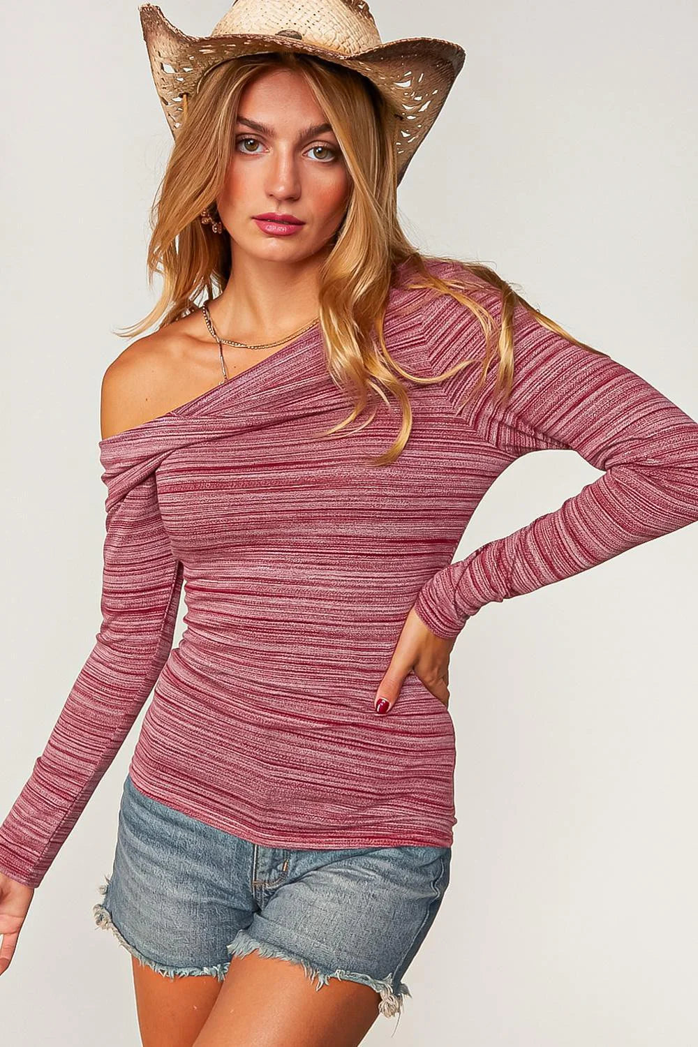 TWO TONE SLUB HACCI TWIST DETAIL FITTED TOP